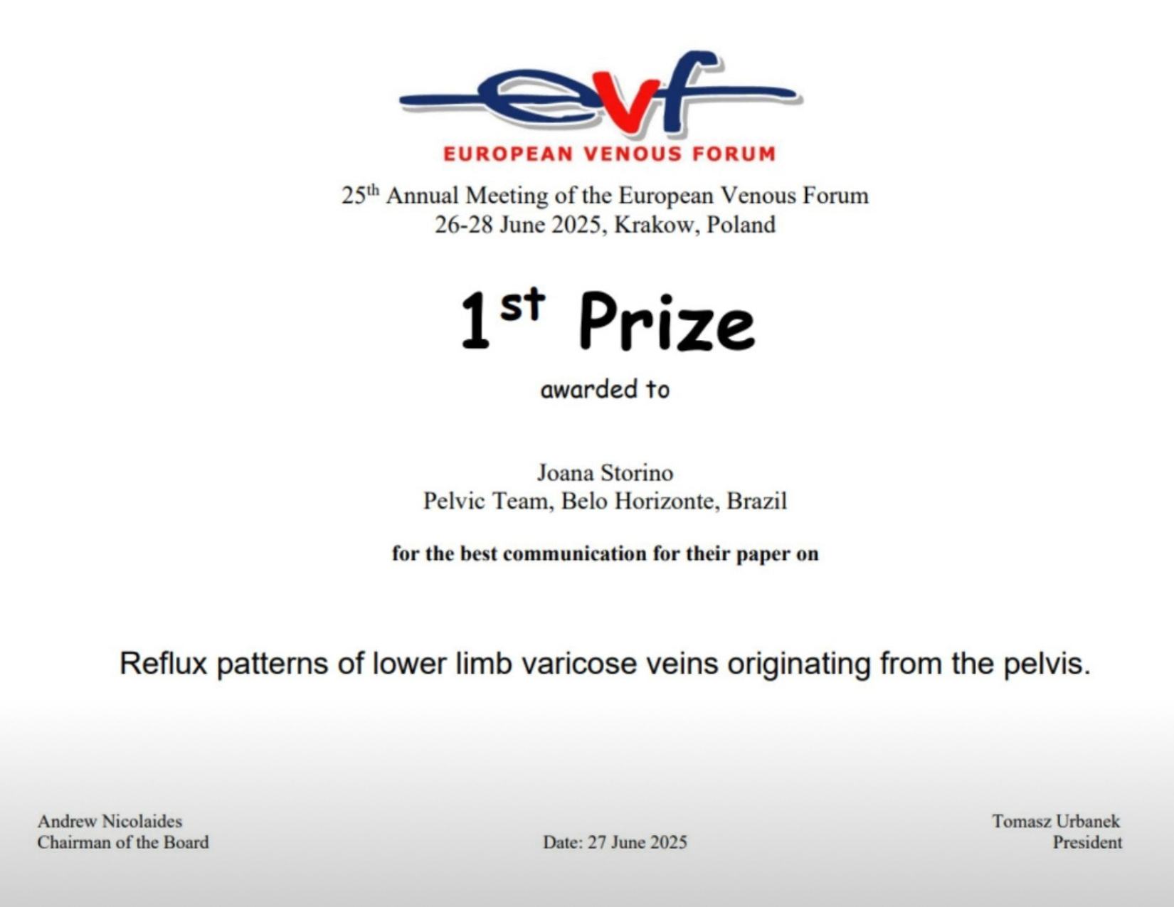 Certificado European Venous Forum